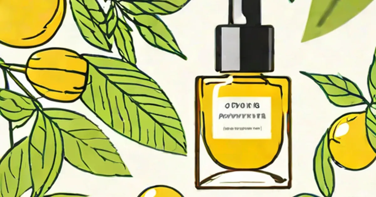 Yellow oil bottle with dropper cap surrounded by illustrated jojoba fruits and leaves