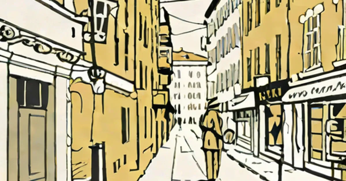 Illustrated street scene of historic European buildings with shutters and storefronts