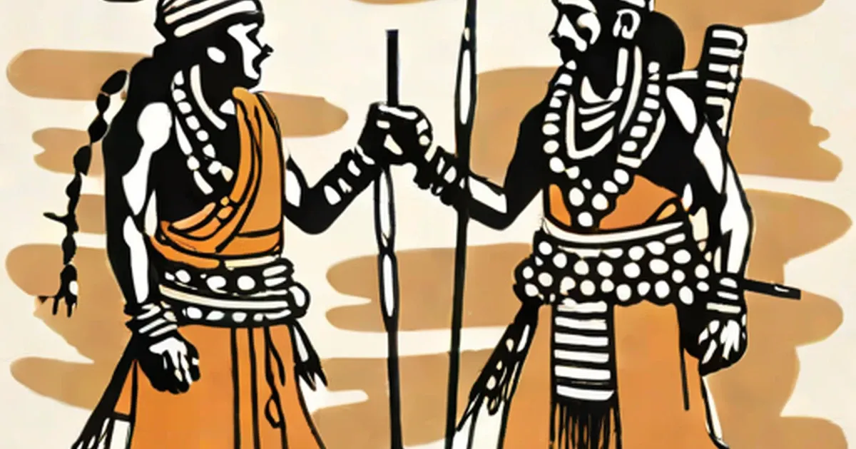 Illustration of two Kalash people in traditional dress holding spears