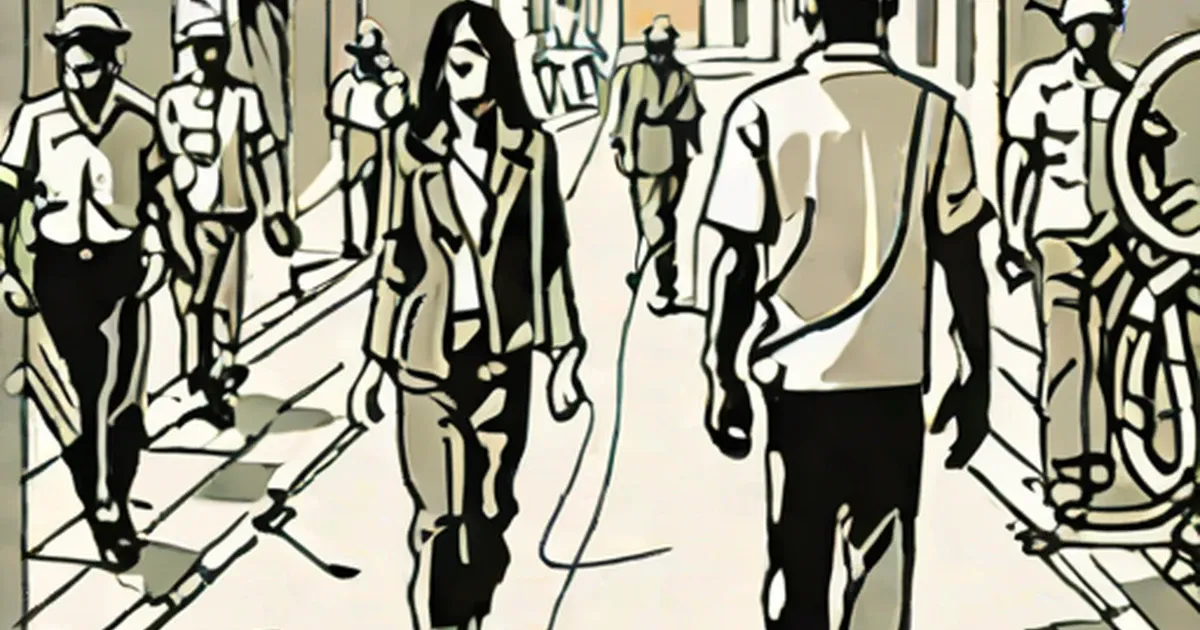 Armed uniformed personnel stand on both sides of a street where civilians walk
