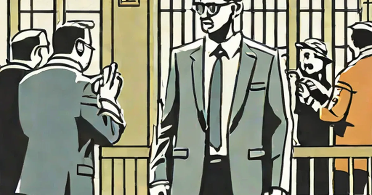 Man in gray suit and sunglasses standing at prison bars with other suited men