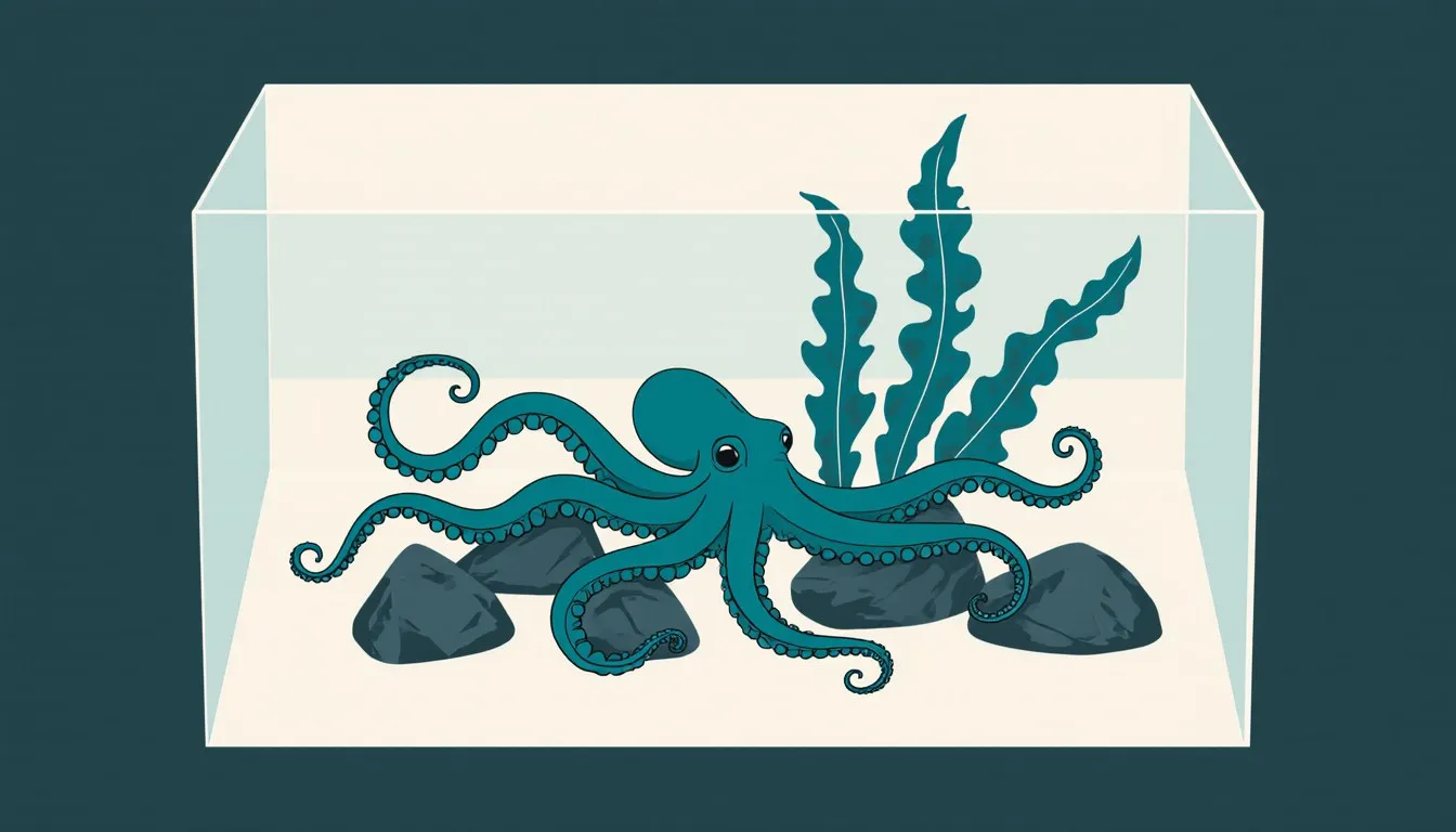 An octopus curled among rocks and kelp inside a home aquarium tank