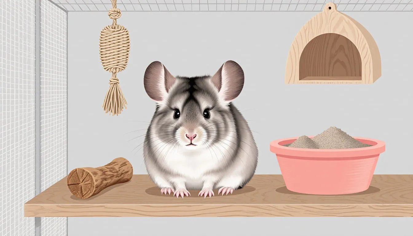 Illustration of a chinchilla in its enclosure with a chew toy, hanging toy, and dust bath tub