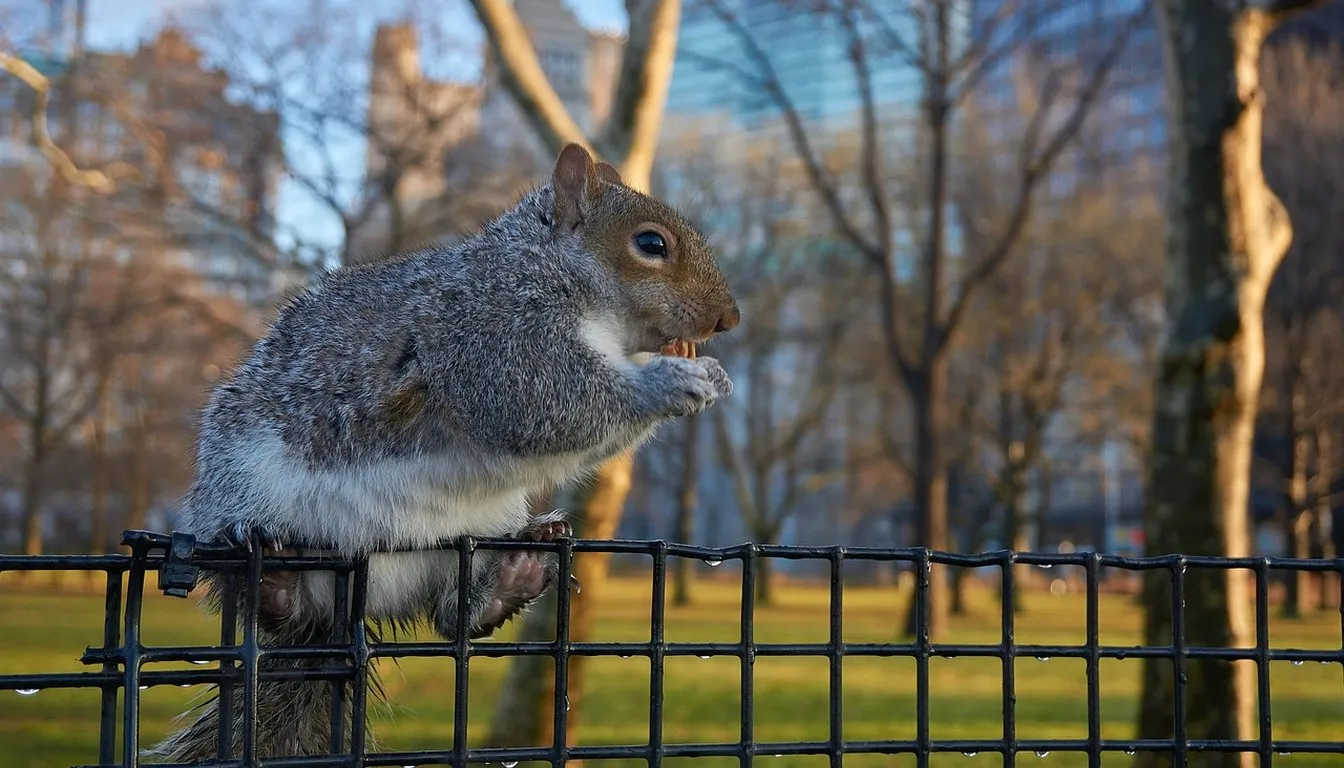 A squirrel eating on a park fence