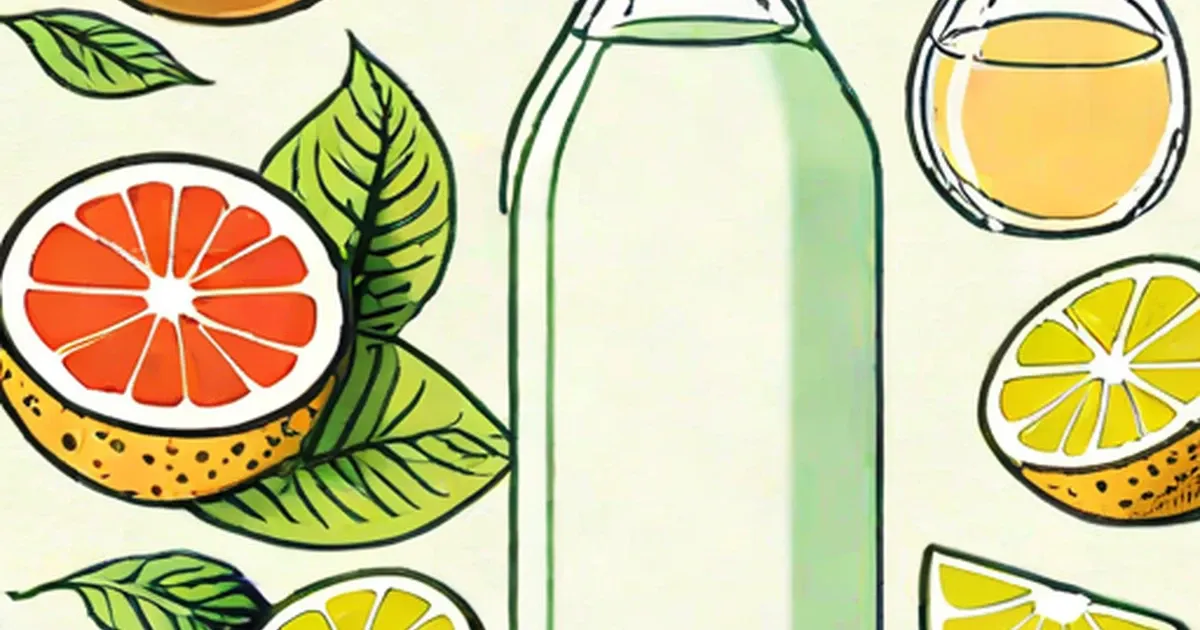 Glass bottle of kefir surrounded by illustrated citrus fruits and leaves