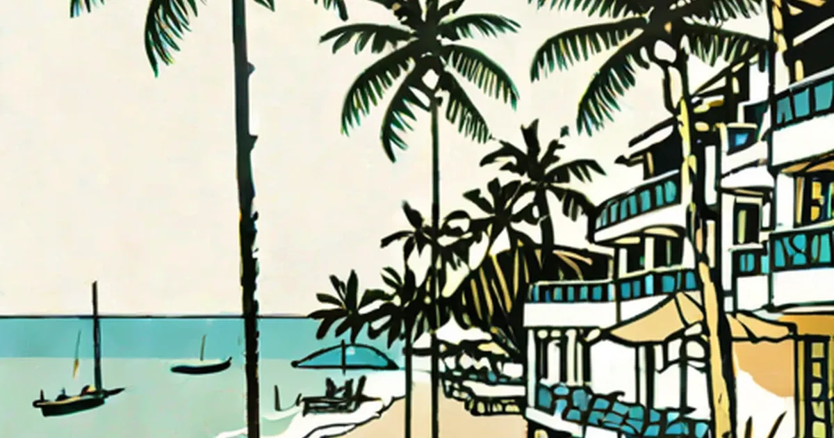 Illustration of a Mombasa beachfront resort with palm trees and turquoise waters