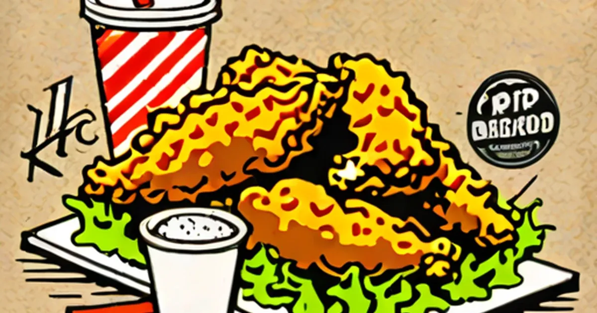 Illustration of golden fried chicken on lettuce with a beverage