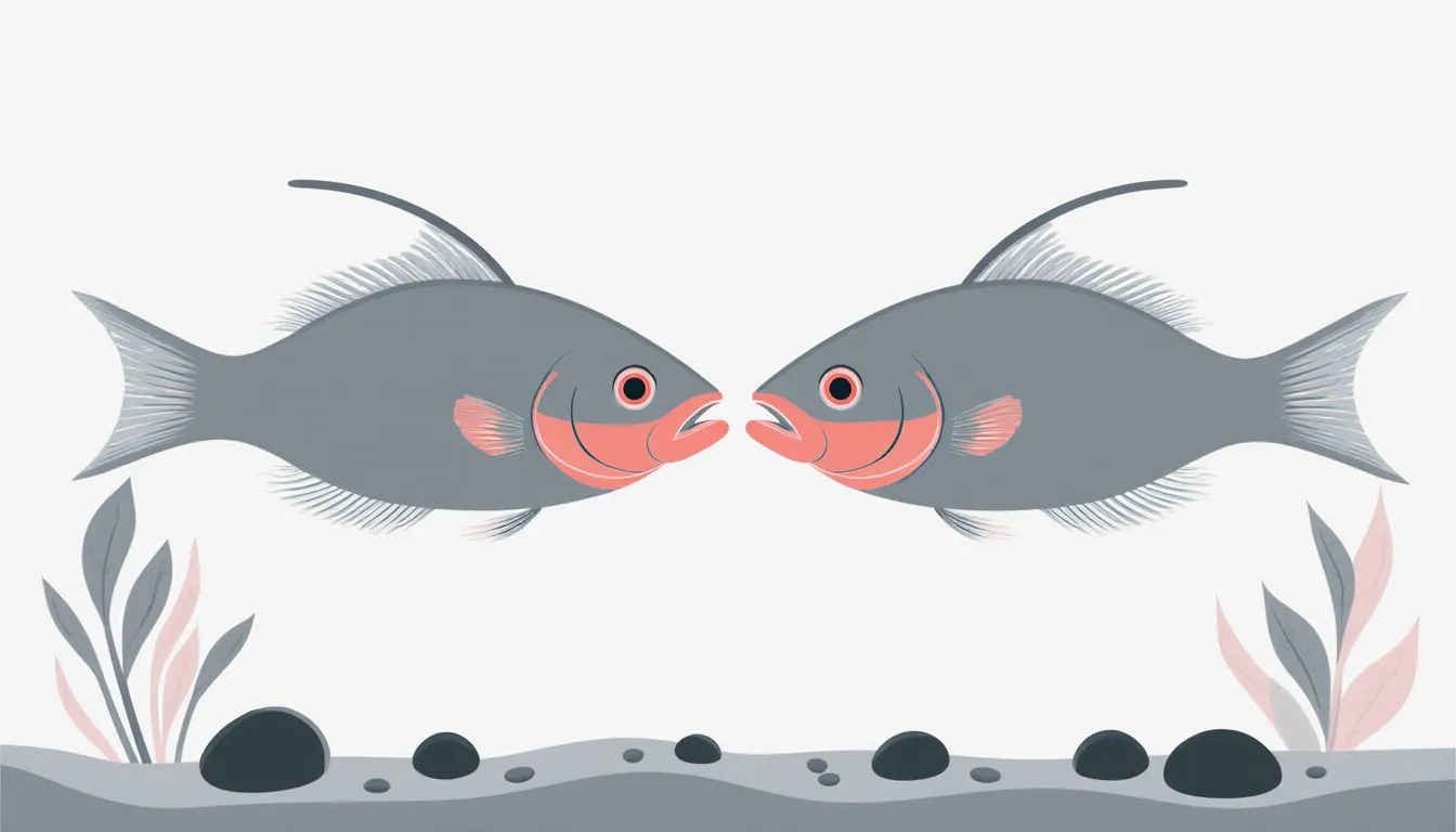 Two kissing gourami fish face to face with their thick lips pressed together