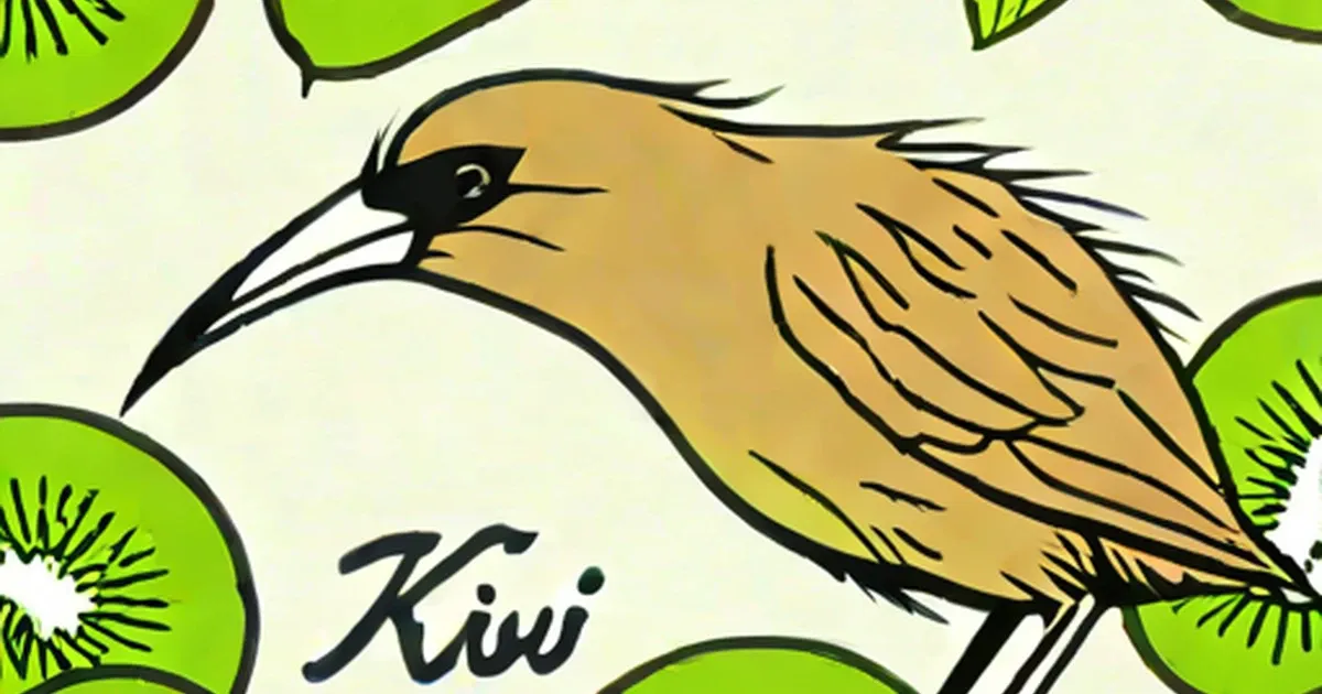 Brown kiwi bird with long curved beak surrounded by green kiwi fruit slices