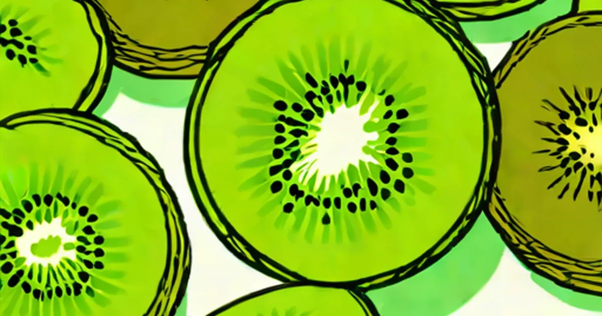 Illustrated kiwi fruit cross-sections with bright green flesh and black seeds