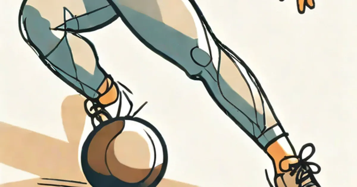 Illustration of a person exercising with a brown fitness ball for leg and knee work