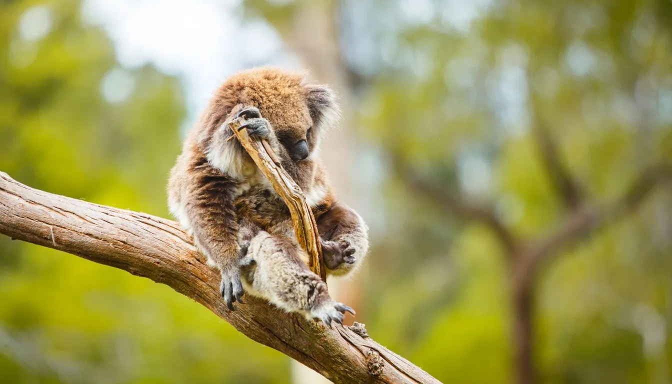 A koala clinging to a branch, chewing eucalyptus