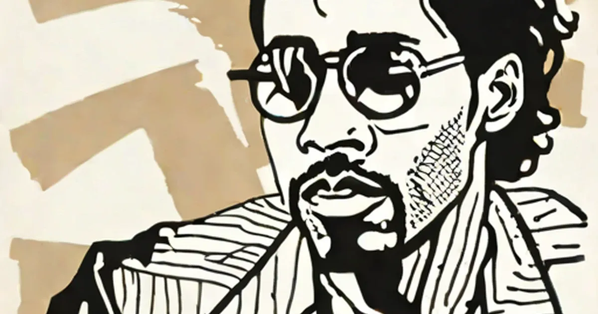 Lenny Kravitz wears sunglasses in a stylized black and white illustration