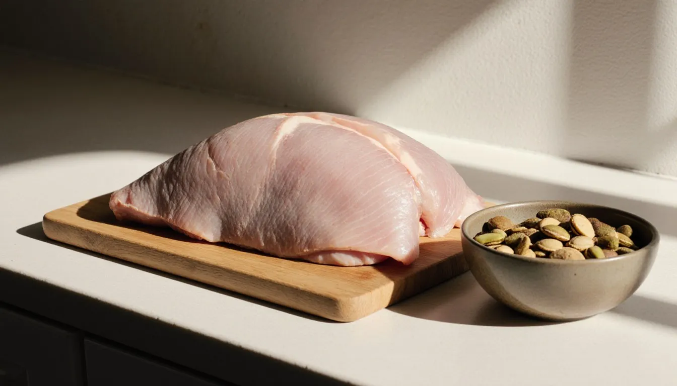 Raw turkey breast on a cutting board beside a bowl of pumpkin seeds, everyday sources of l-arginine