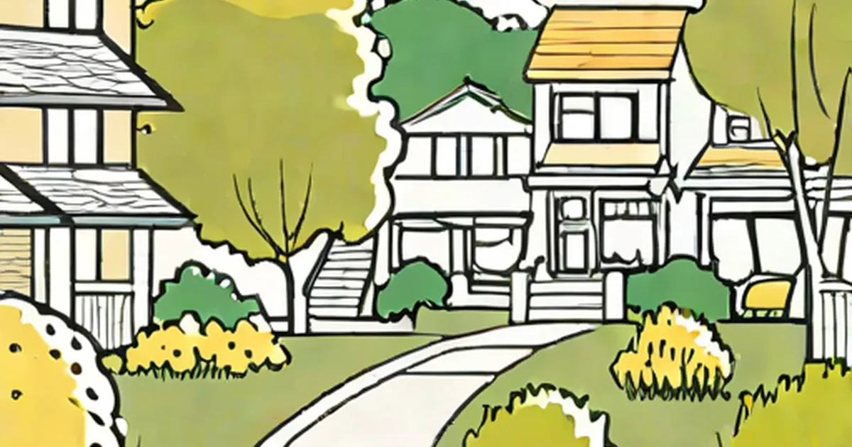 Residential street with manicured landscaping, flowering shrubs, and established trees
