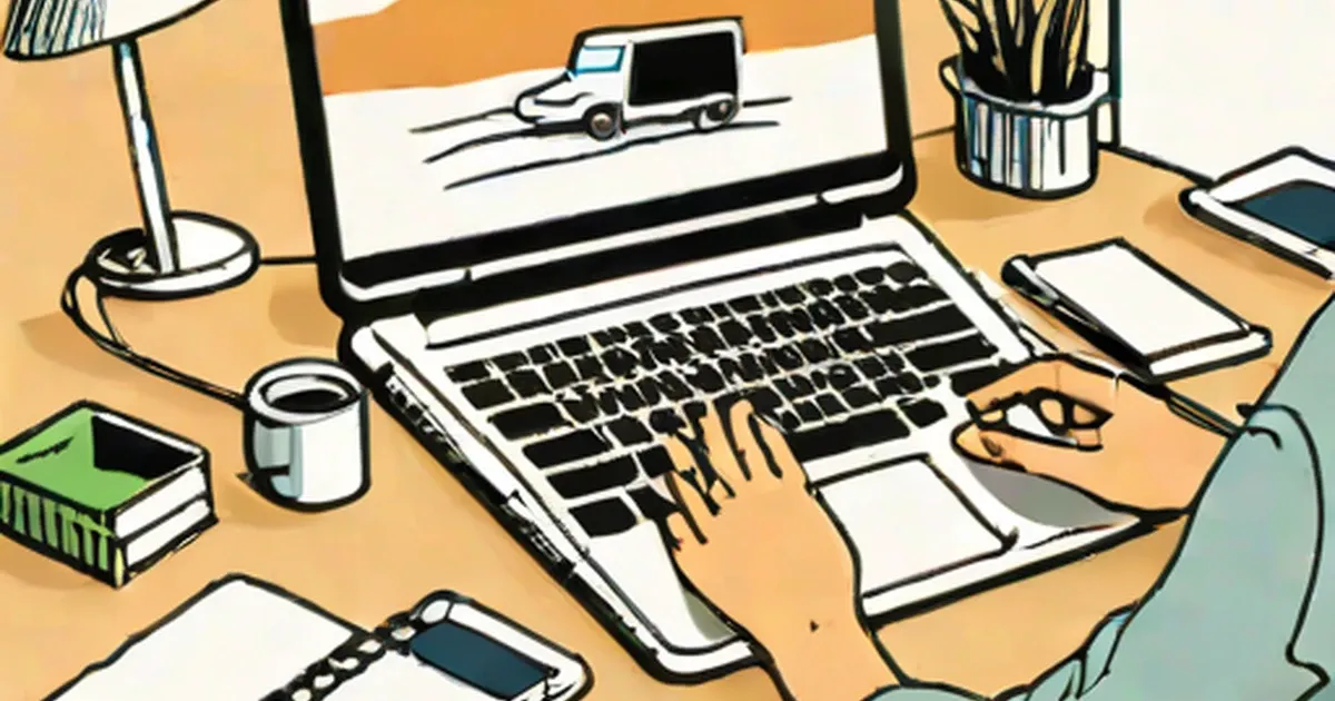 Hands typing on laptop with delivery truck illustrated on screen