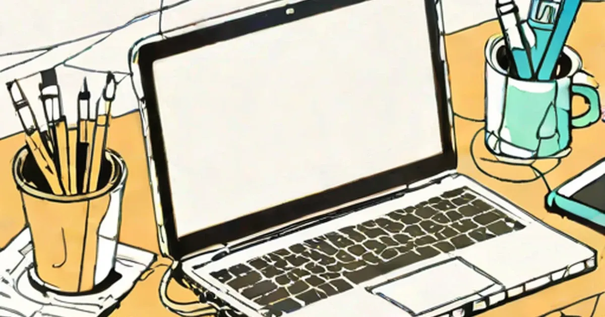 Sketch of a laptop with open display surrounded by tools on a yellow desk