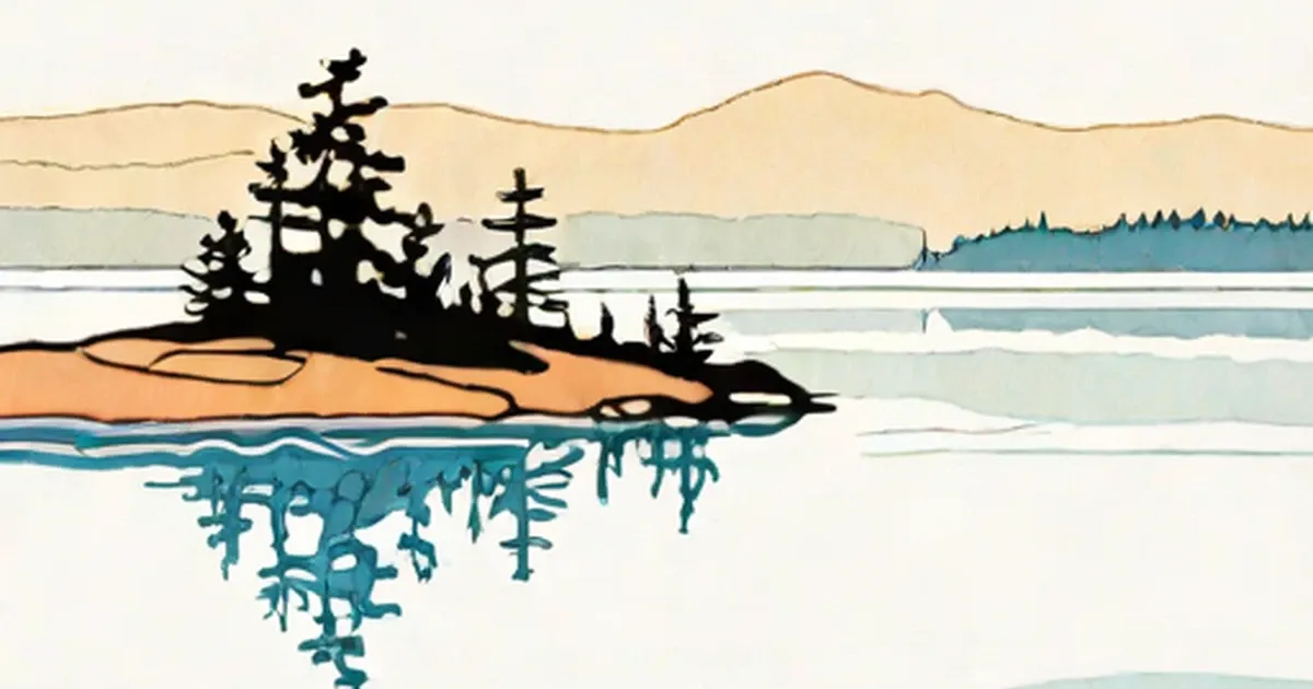 Evergreen forest on a lake shore with underwater vegetation illustrated below