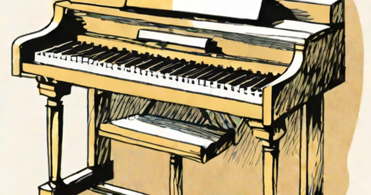 Grand piano illustrated in tan with black and white keys