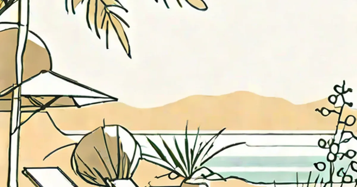 Waterfront landscape with umbrella, mountains, and vegetation in sketch style