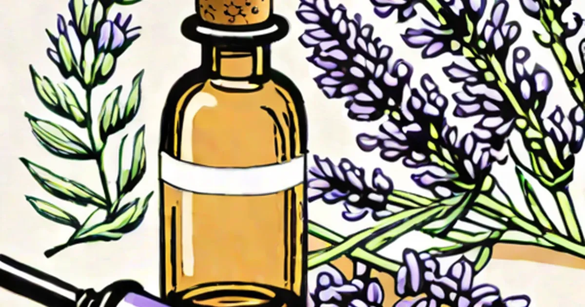 Glass bottle of golden oil surrounded by purple lavender flowers