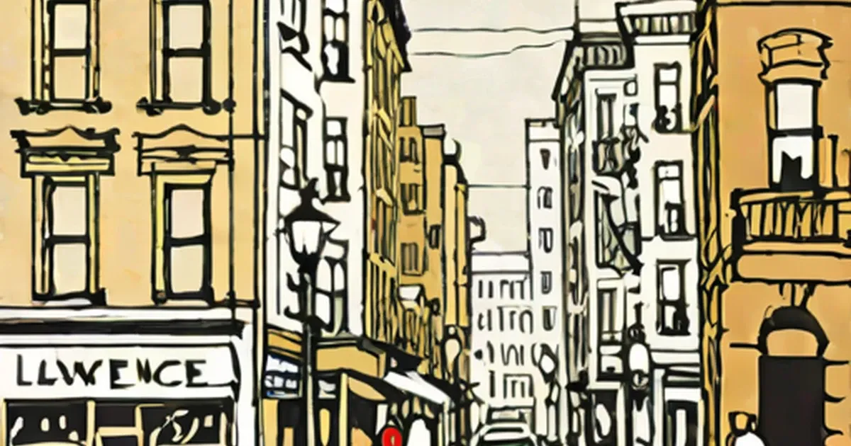 Illustrated city street with ornate historic buildings in yellow and cream tones