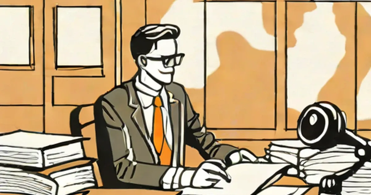 Man in brown suit and orange tie reviewing documents