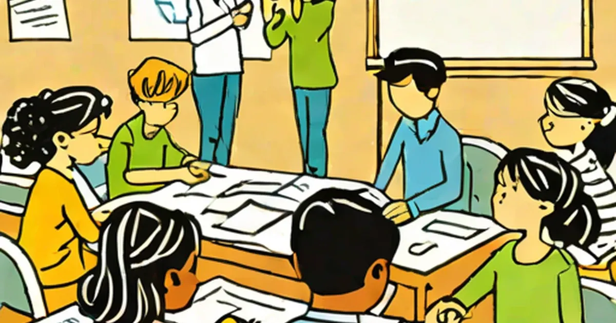 Children collaborate on papers around a table while an adult guides the activity