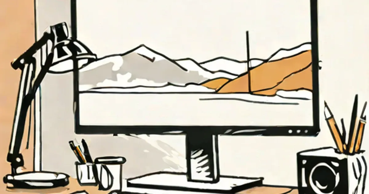Illustration of a computer workstation with monitor and desk lamp