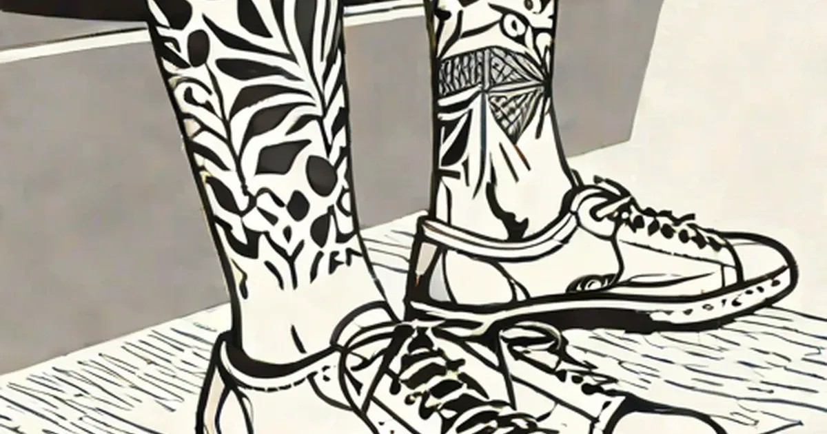 Elaborate leg tattoos in black and white with floral and geometric designs