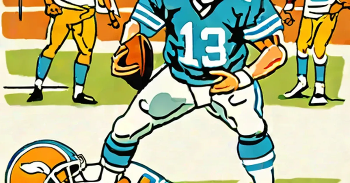 Illustrated football player number 13 in teal uniform holding the football