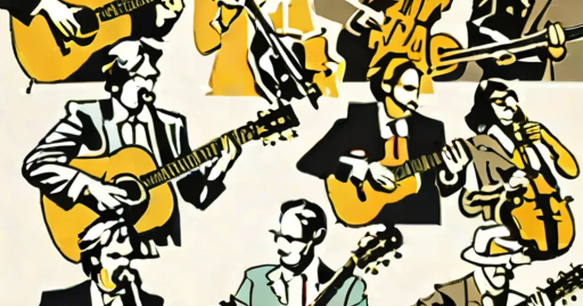 Stylized drawing of musicians holding yellow guitars and string instruments