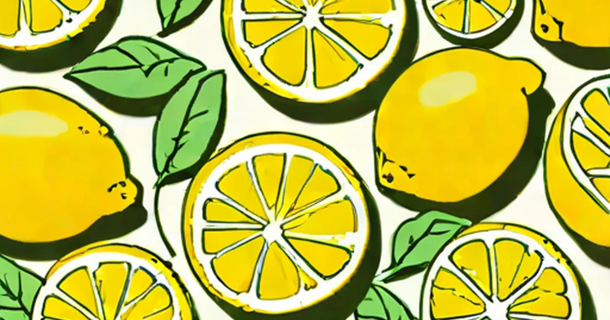 Yellow lemons and lemon slices with green leaves in stylized illustration