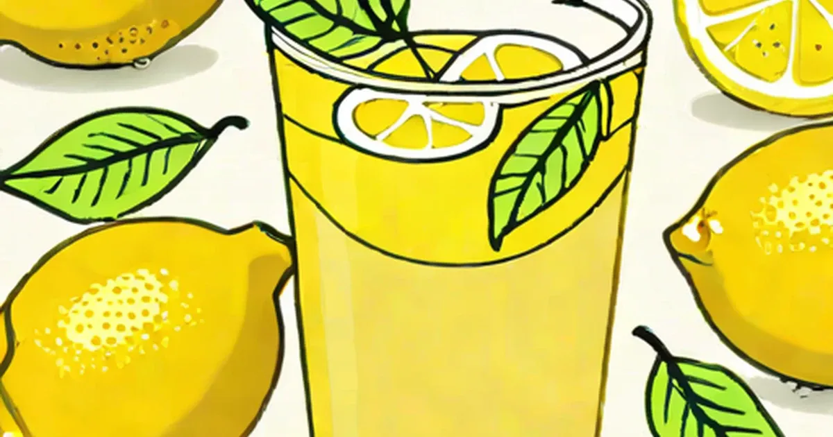 Glass of lemon juice surrounded by fresh lemons and green leaves