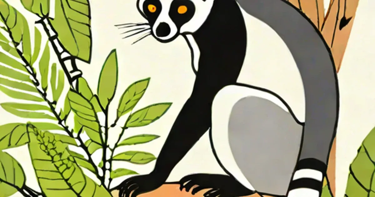 Black and white lemur with banded tail perches on a leafy branch