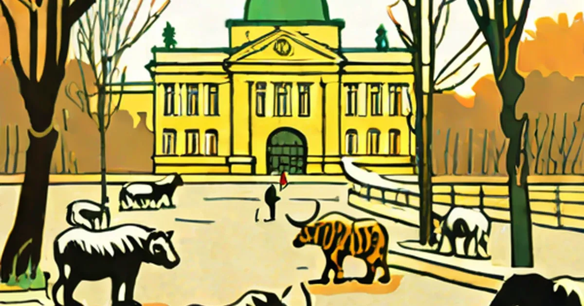Zoo building with yellow classical architecture, green dome, and animals including a striped cat