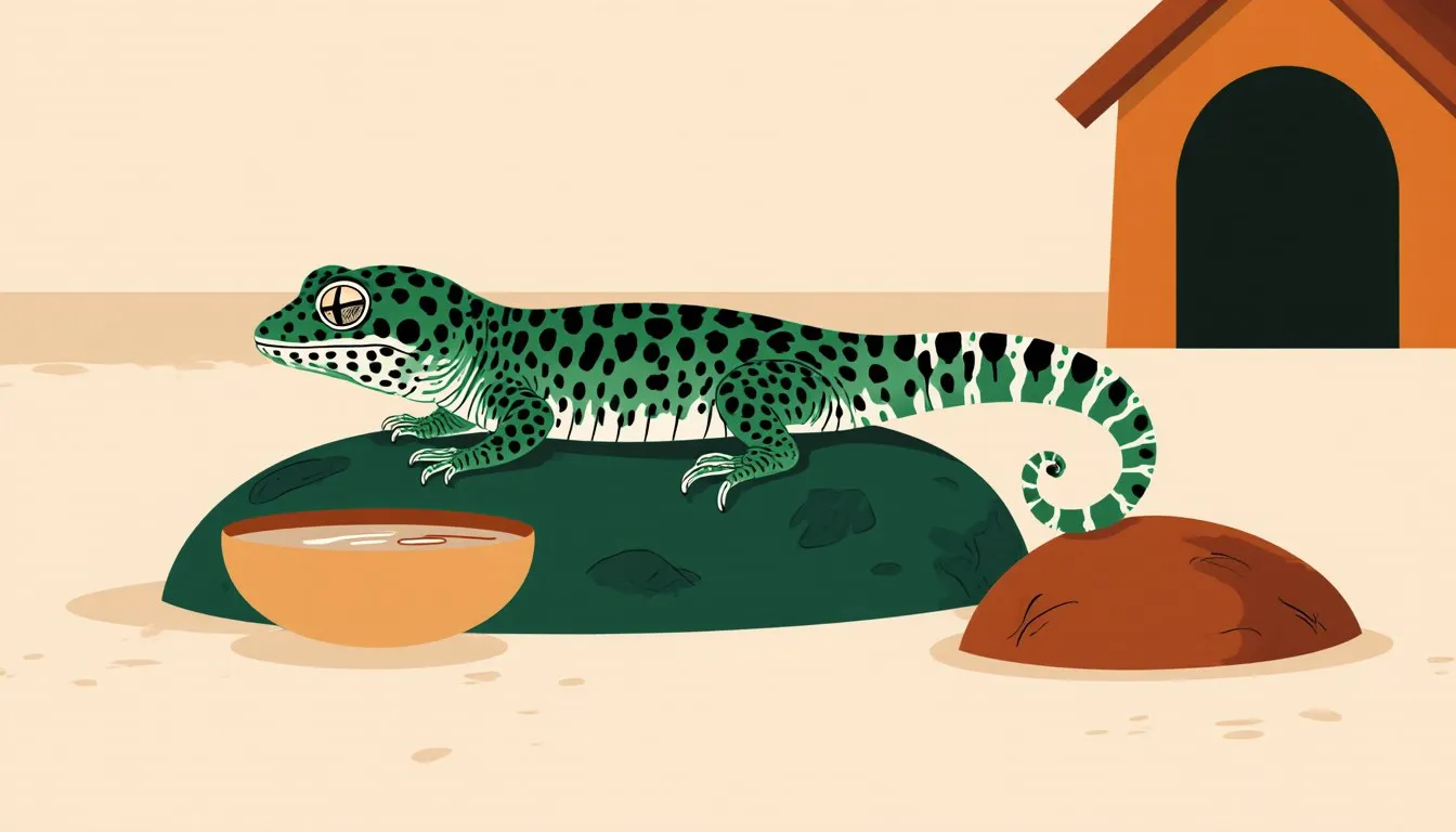 A leopard gecko resting on a warm rock in its terrarium beside a water dish