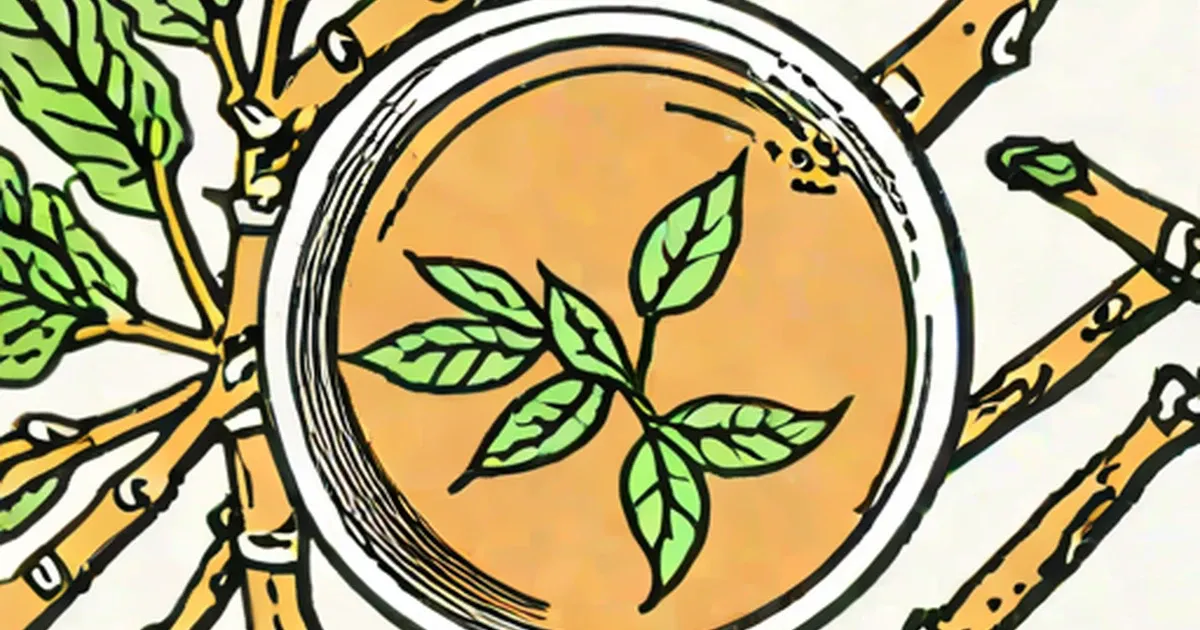 Cup of golden tea with green leaves and yellow licorice root branches