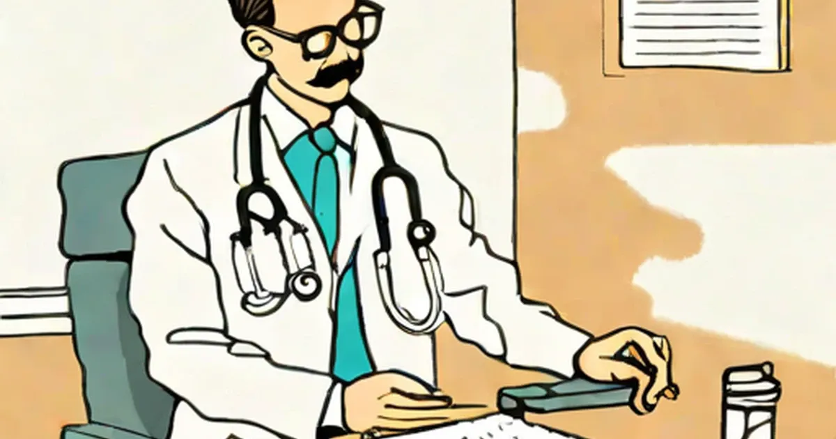 Doctor with stethoscope reviewing paperwork at a clinic desk