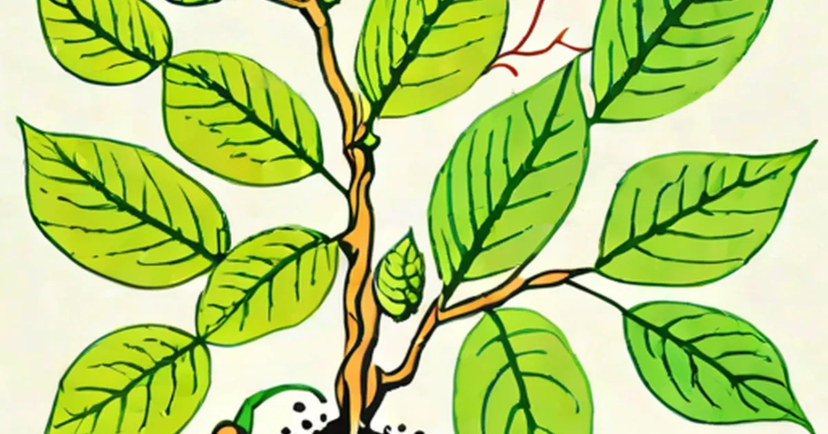 Bean plant with oval green leaves, orange stem, green bean pod, and sprouting roots