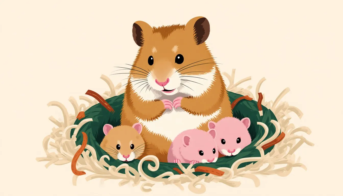 A teddy bear hamster sits in its nest beside two newborn pups, illustrating breeding and early life stages.