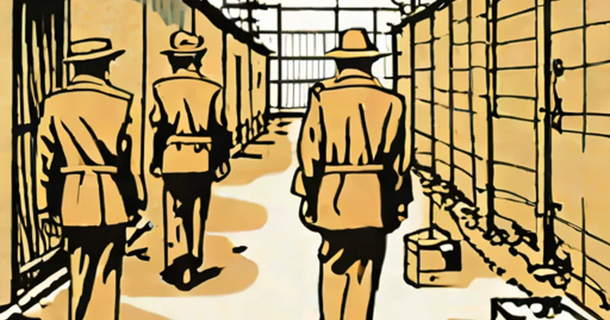 Uniformed guards patrol a barbed-wire enclosed corridor