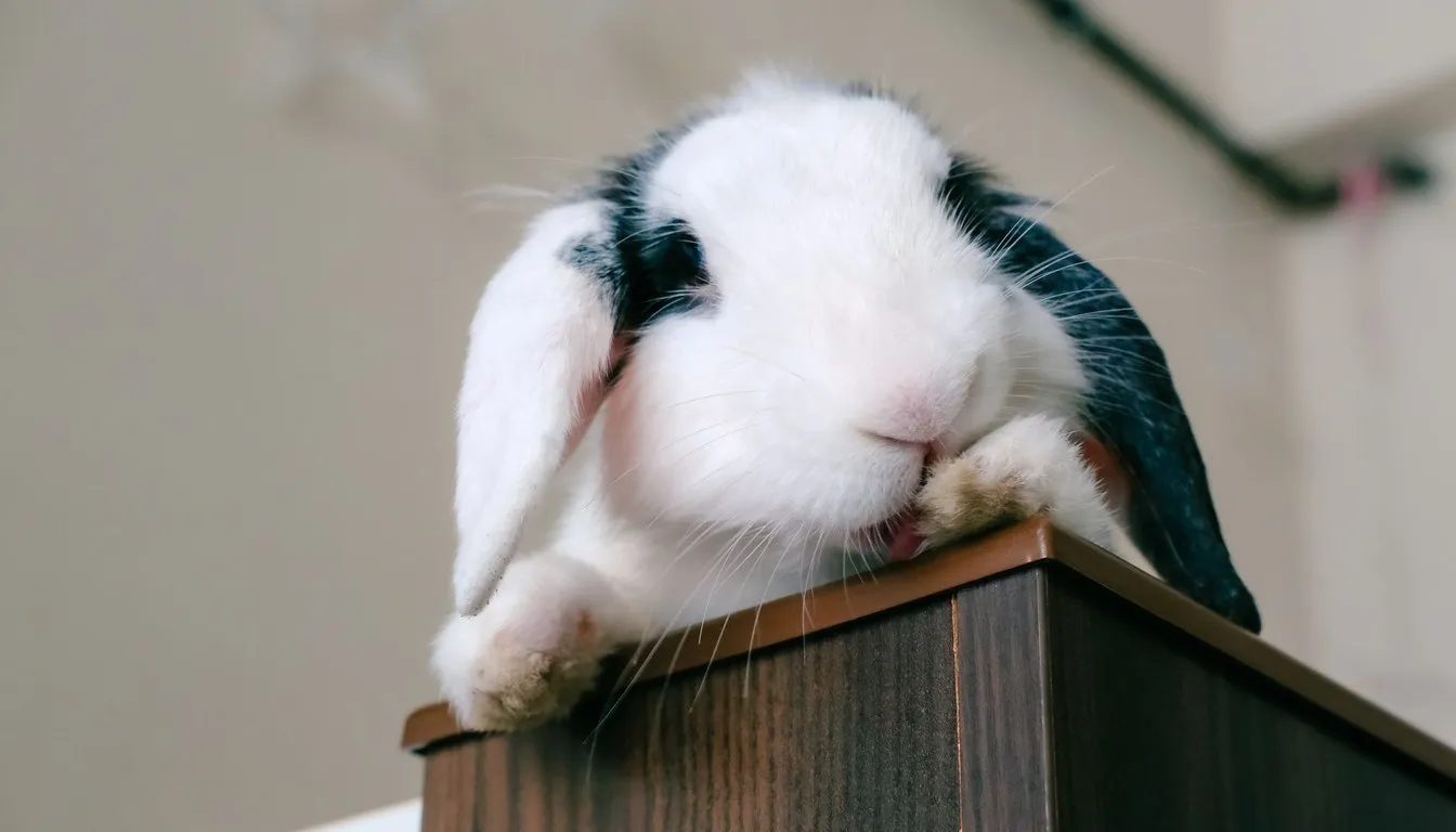 A black-and-white lop rabbit leaning over a cabinet top