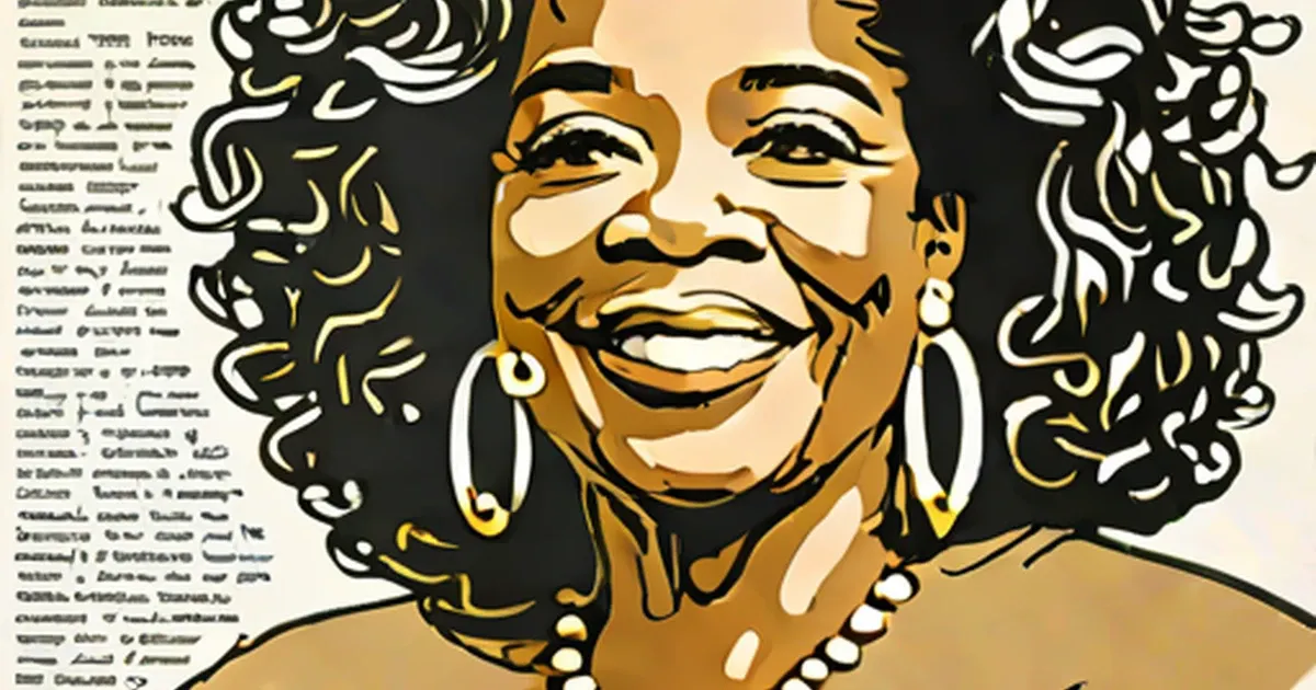 Graphic portrait of Oprah Winfrey with curly hair, hoop earrings, and pearl necklace