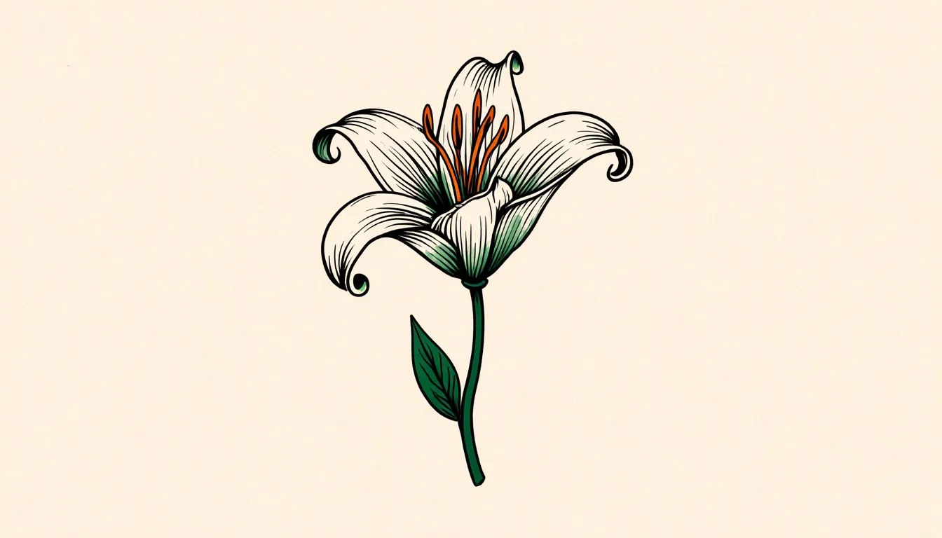 A lily flower rendered in fine-line tattoo-style botanical illustration, petals and stamens traced in clean linework.