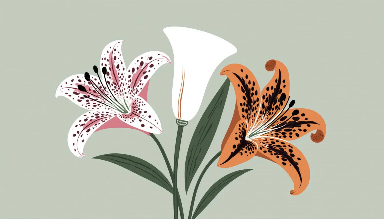 Three lily varieties arranged together: a speckled Stargazer, a white trumpet lily, and a spotted tiger lily