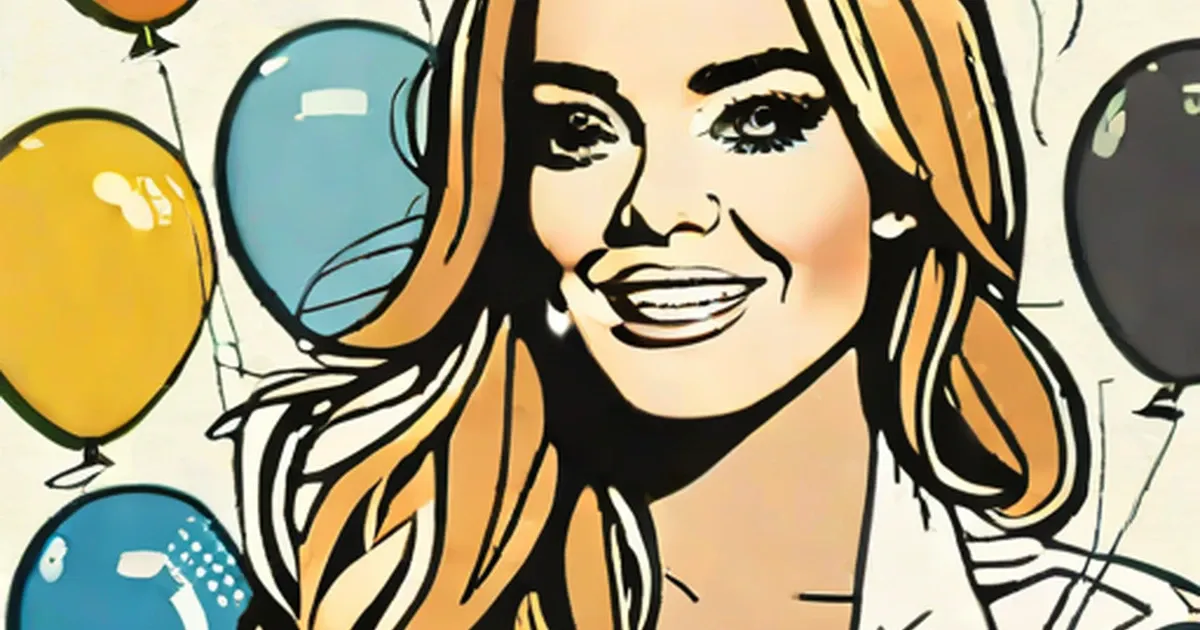 Lindsay Lohan in pop art style with red lips and colorful balloons
