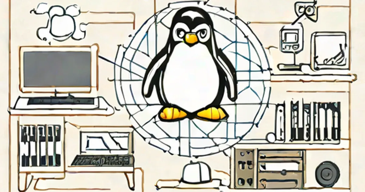 Tux the penguin mascot surrounded by vintage computer equipment