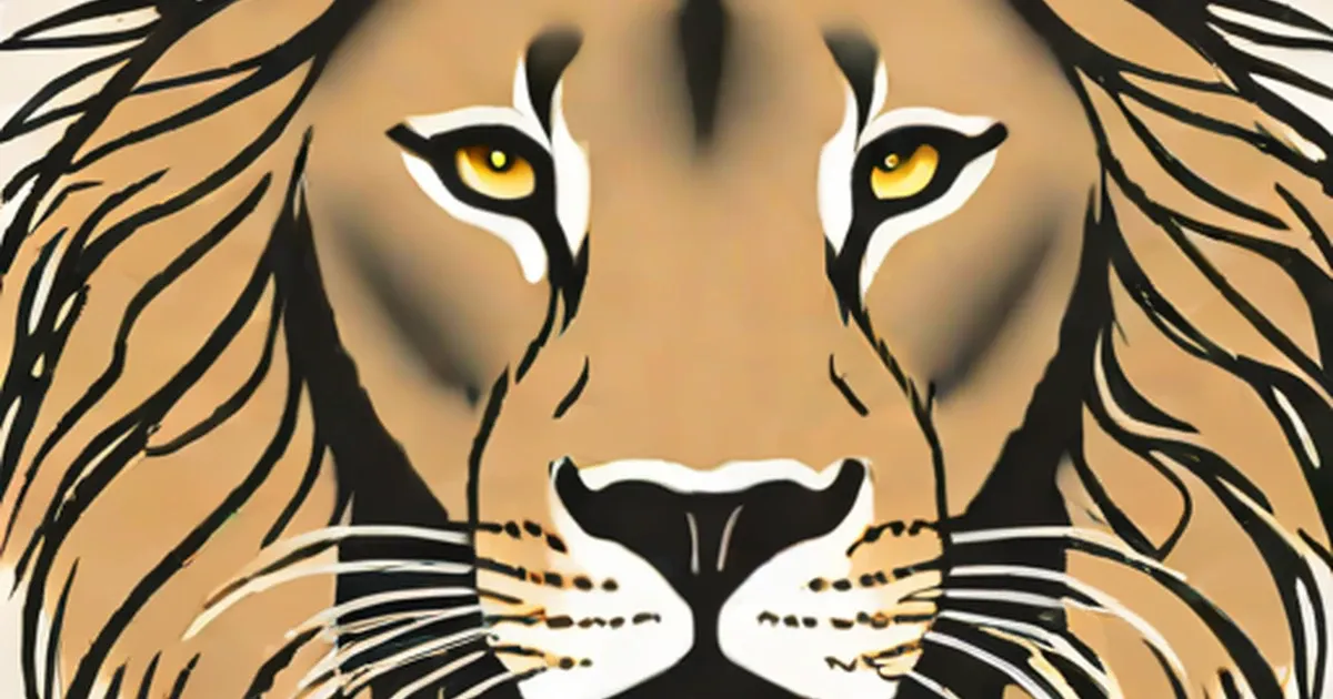 Lion’s face illustration with yellow eyes and black striped mane