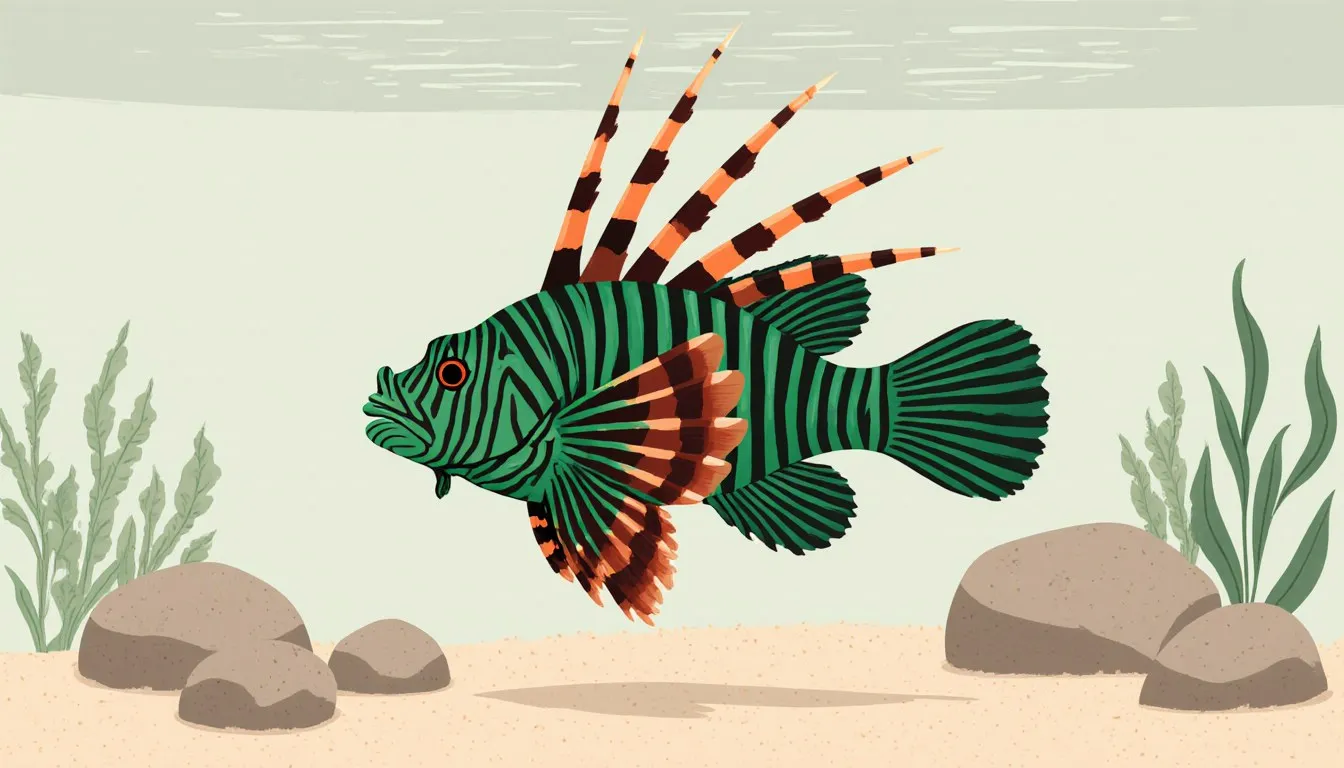 An illustrated lionfish with fanned venomous spines floating in a planted aquarium